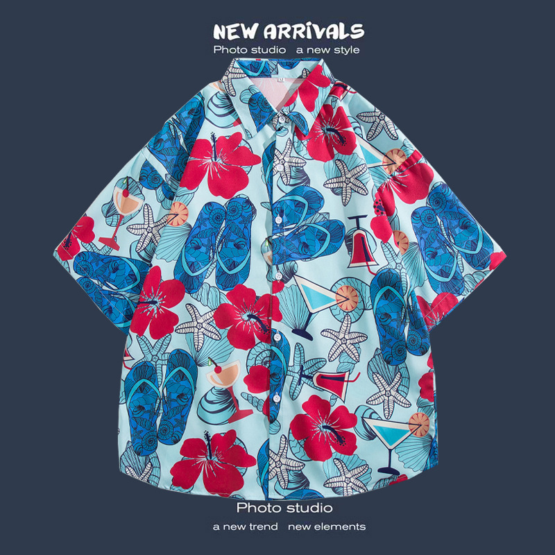 Men's Casual Floral Print Short Sleeve Shirt for Seaside Vacation Hawaiian Shirts