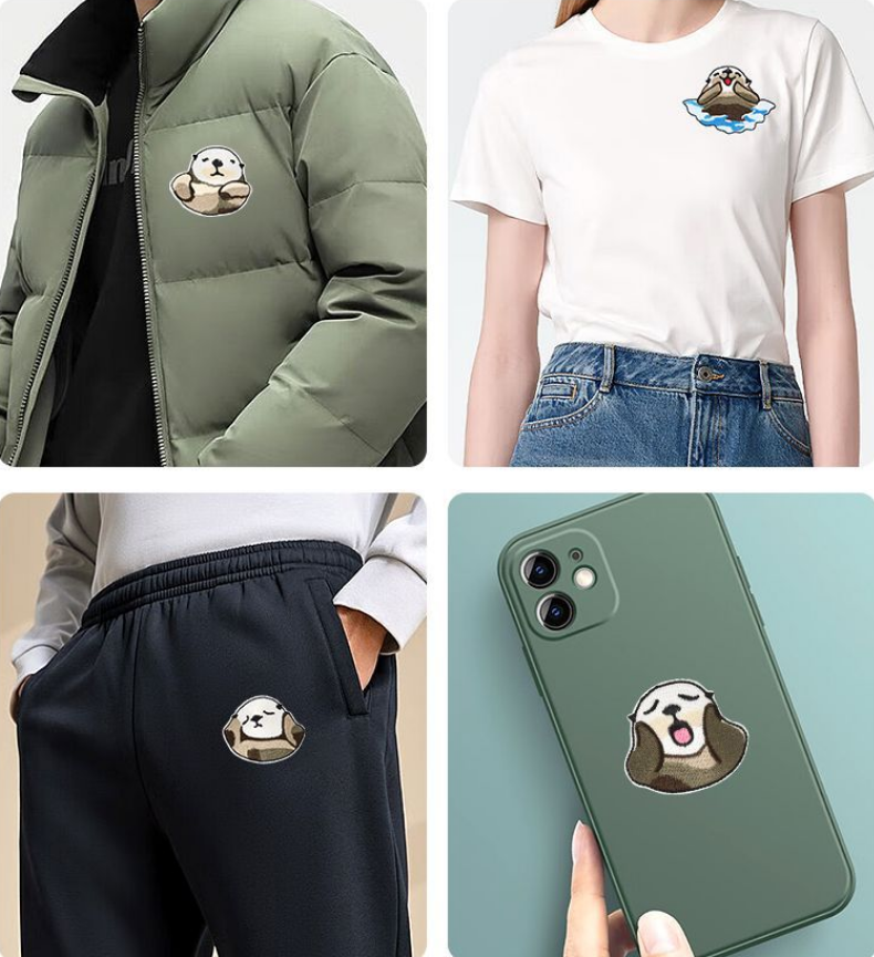 Self Adhesive Patch Stickers on clothes, including a jacket, t-shirt, pants, and phone case.