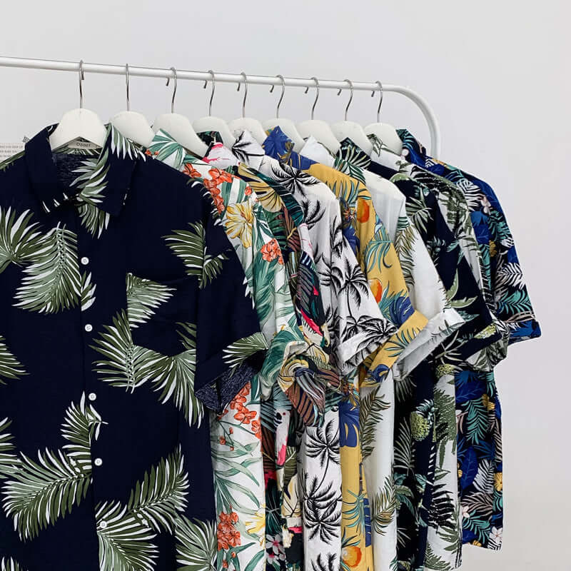Men’s Hawaiian Aloha Shirt collection featuring vintage floral prints on silk beachwear.