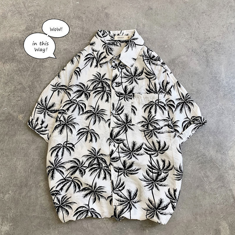 Men’s Hawaiian Aloha Shirt with vintage palm tree print on a loose silhouette for summer beach vibes.